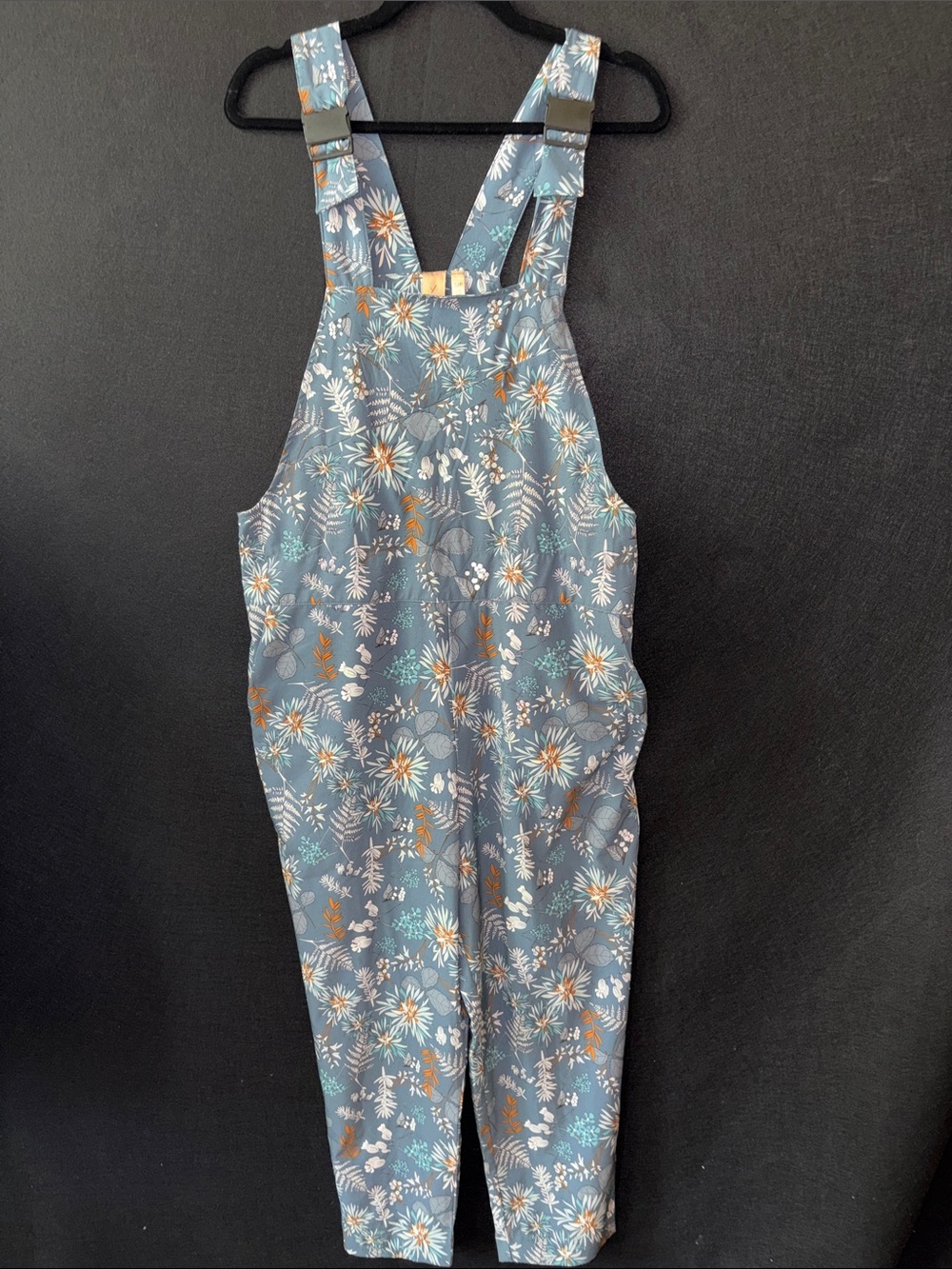 Indyeva Arin overalls blue gray botanical print and adjustable straps pockets
